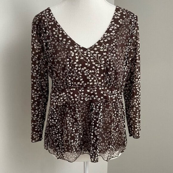 Vintage Apres La Pluie Paris Y2K Brown Babydoll Mesh Overlay Longsleeve Blouse - Picture 1 of 6